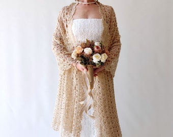 Champagne mohair shawl, beige evening stole, bridal wedding shawl, mother of the bride wrap, lacy bridesmaid gift, crochet lace scarf