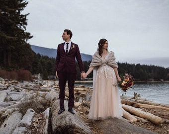 Hand-Knitted Mohair Bridal Shawl: Beige Wedding Wrap