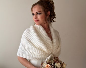 Cream wedding shawl, ivory evening wrap, knitted mohair scarf, wool bridal cover up, fall winter wedding,bridesmaid gift,mother of the bride