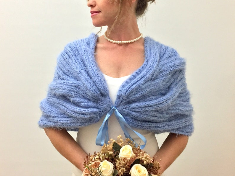 Wedding Shawl, Bridal Wrap, Blue Cape, Bridesmaid Gift, Mohair Bride Bolero, Fuzzy Cover Up, Knitted, Winter wedding, Fast Shipping, image 6