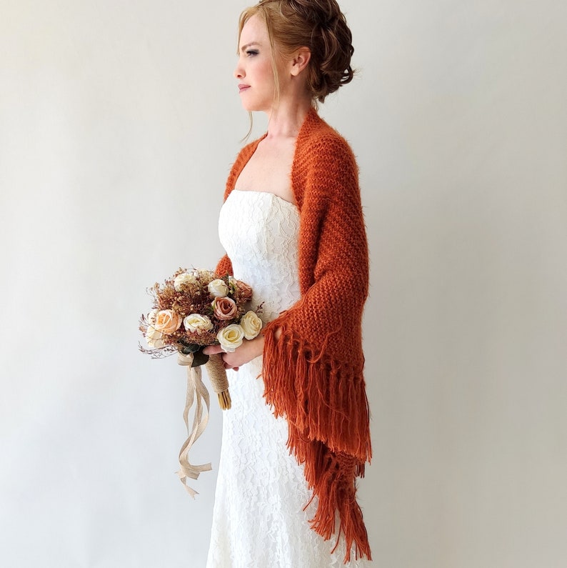 Burnt orange shawl, cinnamon wrap, rust scarf, mohair wool wrap, bridal cover up, fall winter wedding, bridesmaid gift, boho, fringed image 4