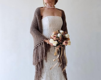 Taupe Brown Triangular Fall Winter Wedding Shawl, Bridal CoverUp, Fringed Evening Wrap, Evening Scarf