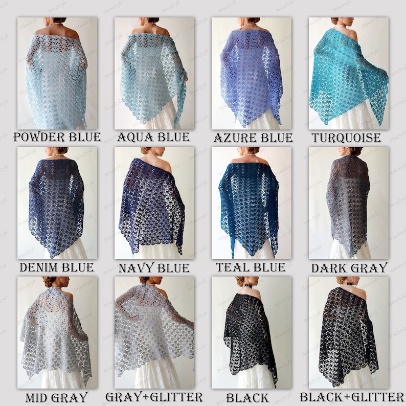 Puede incluir: Colecci&oacute;n de chales con hombros descubiertos en varios colores, incluyendo azul empolvado, azul agua, azul celeste y turquesa. Otros colores son azul vaquero, azul marino, azul verdoso, gris oscuro, gris medio, gris con purpurina, negro y negro con purpurina.