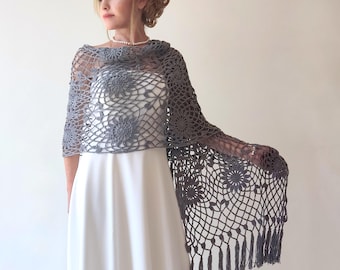 Grijze katoenen sjaal, donkergrijze stola, kanten avondomslagdoek, cadeau voor haar, bruidssjaal, zomerjurk, kanten sjaal met franjes, davy grijs