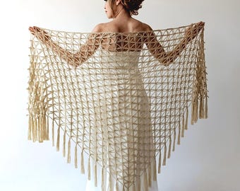 Beige  Evening Shawl, Sheer Lacy Triangle Fringed Wrap, Wedding Mesh Handmade Scarf