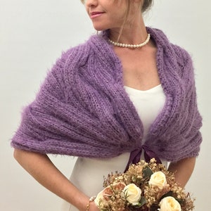 Wedding Shawl, Bridal Wrap, Purple Cape, Violet Bridesmaid Gift, Mohair Bride Bolero, Fuzzy Cover Up, Knit, Winter wedding, Fast Shipping image 6