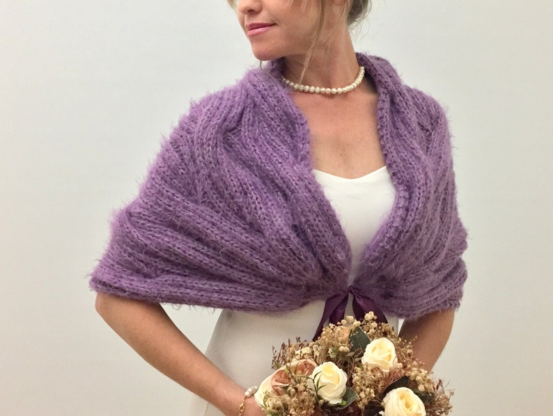 Wedding Shawl, Bridal Wrap, Purple Cape, Violet Bridesmaid Gift, Mohair Bride Bolero, Fuzzy Cover Up, Knit, Winter wedding, Fast Shipping image 6