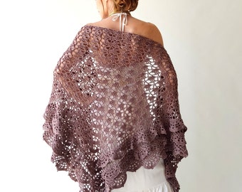 Taupe brown shawl, mocha boho wrap, cotton evening scarf, bridal wedding shawl, gift for her, ruffled cover up, lacy summer wrap, capelet