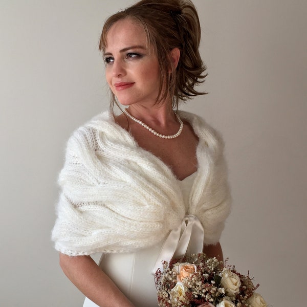 Ivory wrap, Cream shawl, knitted mohair scarf, wool bridal cover up, fall winter wedding, bridesmaid gift, boho, mother of bride, all size