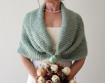 Sage green wedding shawl, knit fuzzy wrap, mint bridal cover up, wool shawl, fall winter wedding, bridesmaid gift, warm fall winter, mohair