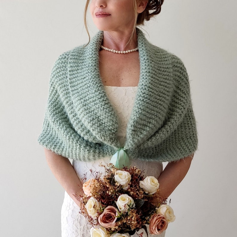 Sage green wedding shawl, knit fuzzy wrap, mint bridal cover up, wool shawl, fall winter wedding, bridesmaid gift, warm fall winter, mohair image 1