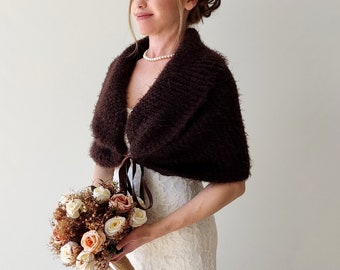 Wedding shawl, brown bridal wrap, chocolate scarf, evening stole, knitted wool stole, mohair, bridesmaid gift,fall winter wedding, oversized