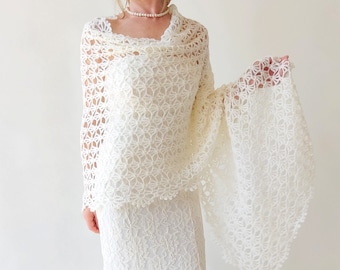 Ivory Crochet Lace Wedding Shawl, Bridal Mohair Wrap