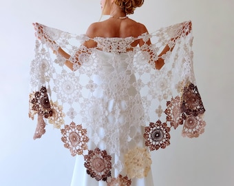 Crochet Mohair Wedding Shawl, Brown Lace Bridal Wrap