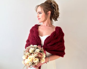 Maroon shawl, burgundy bride wrap, wine bridal cover up, fall winter wedding, evening cape, bridesmaid gift, warm wool stole, mohair scarf