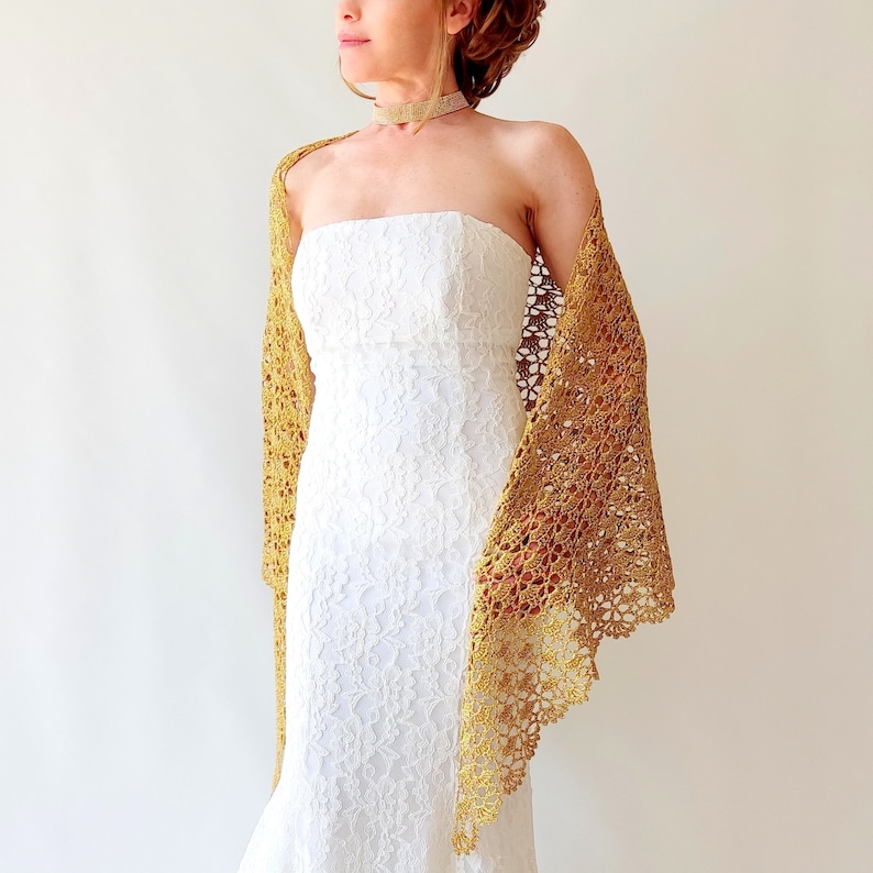 Gold glitter shawl, sparkly evening wrap, shiny cover up, bridal wedding shawl, mother of bride, gift for her, lacy triangular scarf image 8