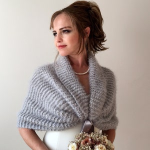 Light gray shawl, fuzzy evening wrap, fall winter wedding, bridesmaid gift, mother of bride, bridal shawl, fringed scarf, warm wool cover up image 6