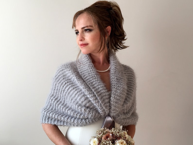 Light gray shawl, fuzzy evening wrap, fall winter wedding, bridesmaid gift, mother of bride, bridal shawl, fringed scarf, warm wool cover up image 6