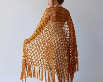 Châle de soirée moutarde, châle jaune transparent à franges triangulaires en dentelle, écharpe faite main en résille pour mariage