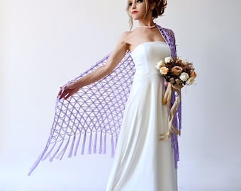 Châle de soirée lilas, foulard triangle transparent lavande à franges, écharpe faite main en résille de mariage