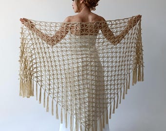 Châle de soirée beige, châle en dentelle transparente à franges triangulaires, écharpe de mariage en résille faite main