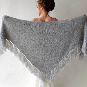 Gray winter wrap, Wedding shawl, bridal cover up, silver bridesmaid gift, fringed wool wrap, mohair evening stole, triangular shawl, warm image 1