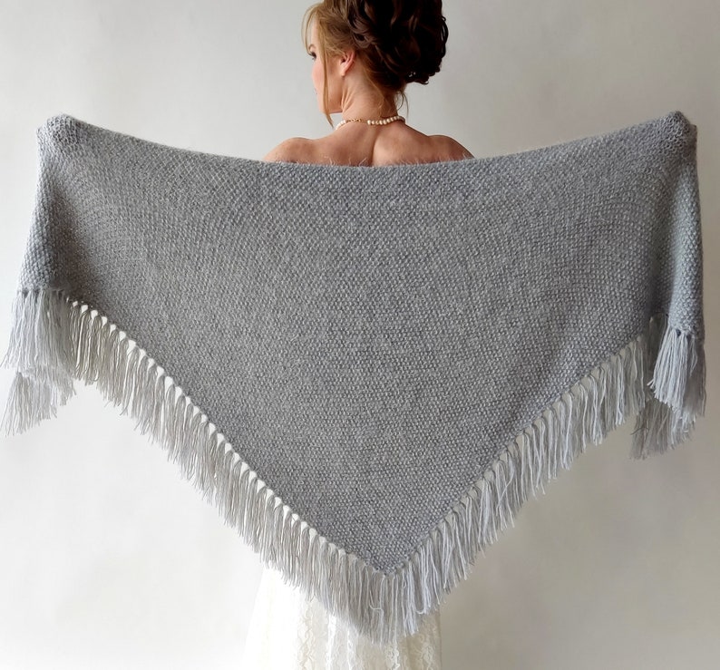 Gray winter wrap, Wedding shawl, bridal cover up, silver bridesmaid gift, fringed wool wrap, mohair evening stole, triangular shawl, warm image 1