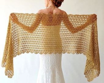 Gold glitter stole, sparkly evening shawl, shiny wrap, bridal wedding cover up, mother of bride, gift for her, lacy rectangular scarf