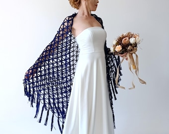 Royal blauer Abend-Schal, schiere Spitzen Dreieck Fransen Schal, Hochzeit Netz Schal