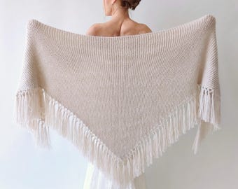 Beige Winter Wedding Shawl, Champagne Bridal Stole, Bone Evening Wrap,  Boho Fringed Triangular Scarf