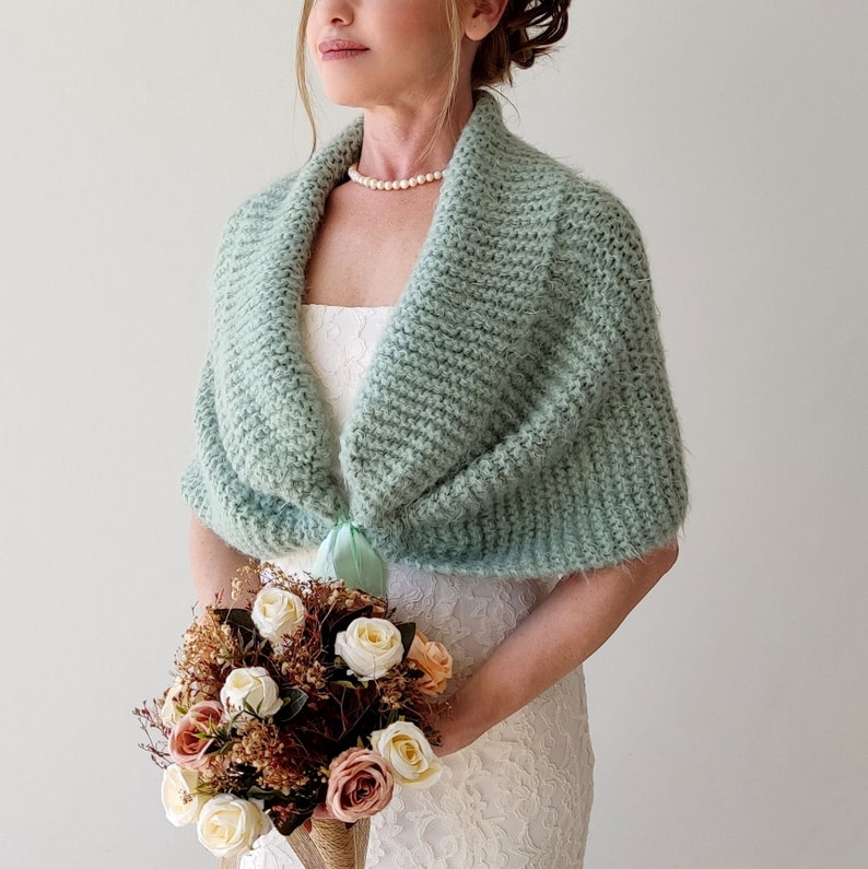 Sage green wedding shawl, knit fuzzy wrap, mint bridal cover up, wool shawl, fall winter wedding, bridesmaid gift, warm fall winter, mohair image 2