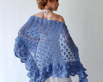 Blue cotton shawl, azure evening wrap, bridal wedding shawl, gift for her, crochet summer scarf, rufled boho wrap, lace scarf, handmade