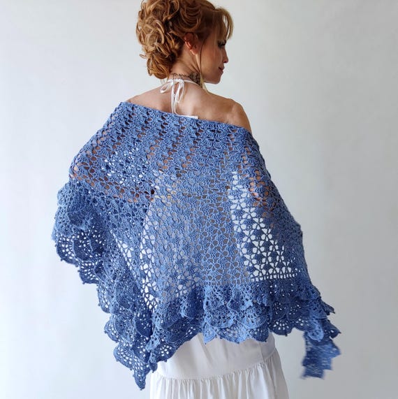 Blue cotton shawl, azure evening wrap, bridal wedding shawl, gift for her,  crochet summer scarf, rufled boho wrap, lace scarf, handmade