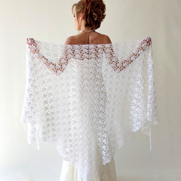 White wedding shawl, bridal evening wrap, bride scarf, lace bridesmaid gift, crochet lace shrug, warm mohair capelet,spring stole,triangular