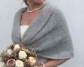 Châle de mariage, cape de mariée, cadeau de demoiselle d'honneur, enveloppement gris, couverture en mohair, boléro en tricot, cape en laine, capelet gris, mariage d'hiver, expédition rapide