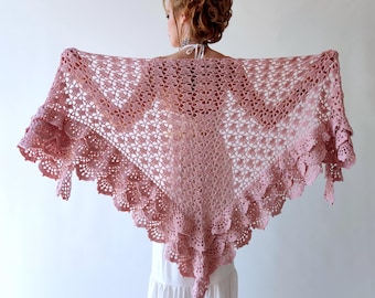 Châle rose poudré, écharpe en dentelle blush, écharpe rose pâle, châle de mariée, écharpe de soirée en coton, cadeau pour elle, couverture bohème à volants, été