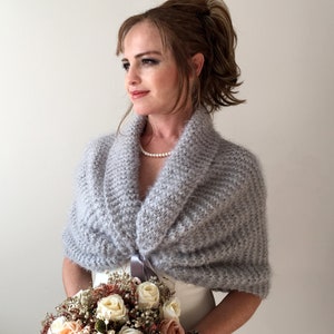 Light gray shawl, fuzzy evening wrap, fall winter wedding, bridesmaid gift, mother of bride, bridal shawl, fringed scarf, warm wool cover up image 5