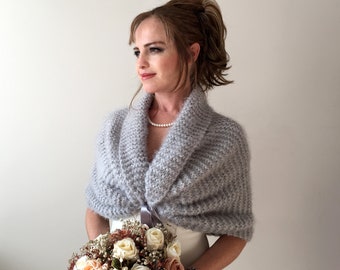 Light gray shawl, fuzzy evening wrap, fall winter wedding, bridesmaid gift, mother of bride, bridal shawl, fringed scarf, warm wool cover up