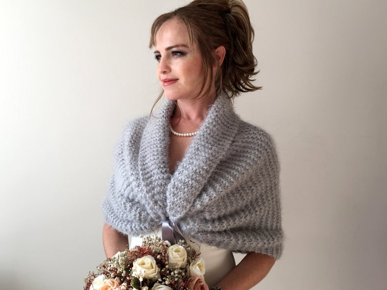 Light gray shawl, fuzzy evening wrap, fall winter wedding, bridesmaid gift, mother of bride, bridal shawl, fringed scarf, warm wool cover up image 5