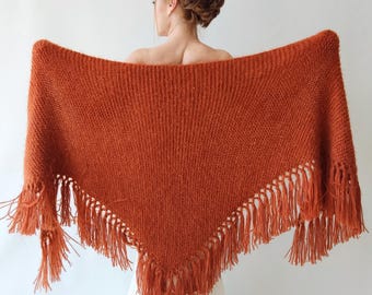 Handmade Mohair Blend Fringed Shawl, Burnt Orange Boho Wrap