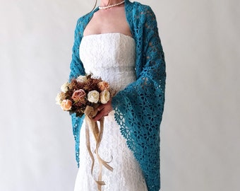 Turquoise shawl, blue evening wrap, winter warm scarf, bridal cover up, gift for her, lacy bridesmaid wrap, handmade stole, crochet shrug