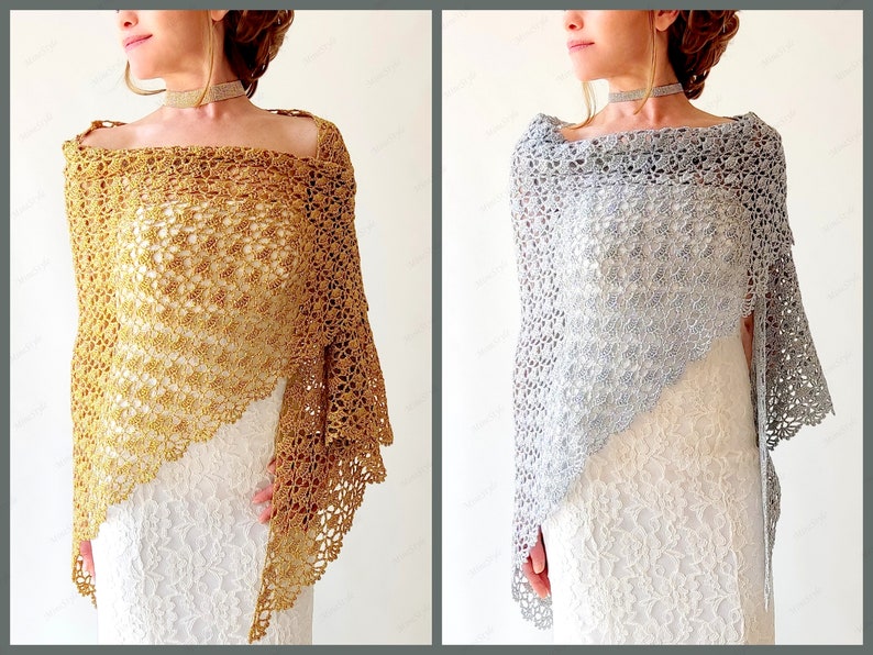 Gold glitter shawl, sparkly evening wrap, shiny cover up, bridal wedding shawl, mother of bride, gift for her, lacy triangular scarf image 10