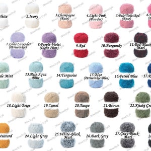 May include: A collection of 28 yarn colors, each displayed in a ball. The colors include white, ivory, champagne, light pink, pale violet red, hot pink, lilac lavender, purple violet, red, burgundy, red-black marl, pale mint, pale aqua blue, turquoise, blue, petrol blue, royal blue, light beige, camel, taupe, brown, khaki green, mustard, light gray, white-black marl, dark gray, gray-black marl, and black.