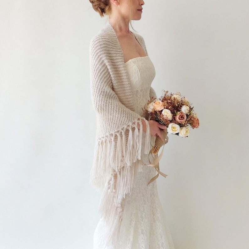 Wedding shawl, bridal cover up, beige winter wrap, bridesmaid gift, fringed wool wrap, mohair evening stole, triangular shawl, warm scarf image 4