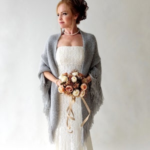 Wedding shawl, bridal cover up, gray winter wrap, silver bridesmaid gift, fringed wool wrap, mohair evening stole, triangular shawl, warm