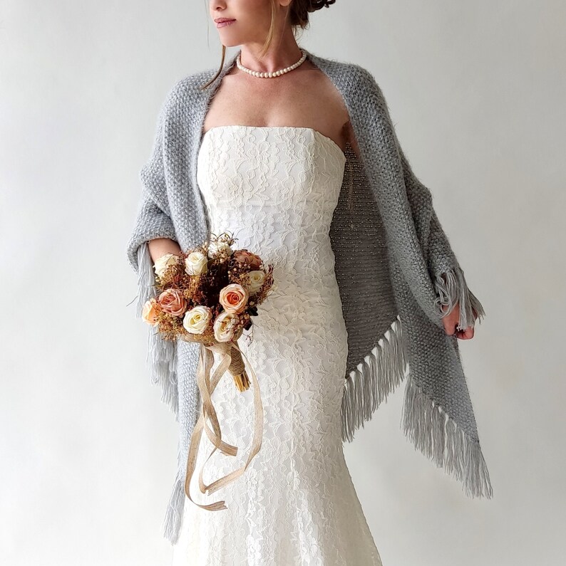 Gray winter wrap, Wedding shawl, bridal cover up, silver bridesmaid gift, fringed wool wrap, mohair evening stole, triangular shawl, warm image 3