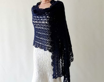 Navy blue shawl, mohair evening stole, bridal wedding shawl, mother of the bride, dark blue wrap, lacy bridesmaid gift, crochet lace scarf