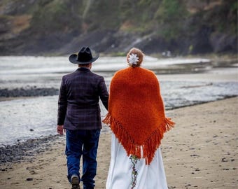 Burnt Orange Mohair Shawl, Fringed Bridal Wrap