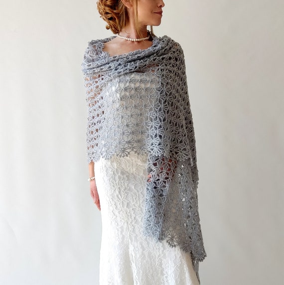 Gray Silver Glitter Crochet Lace Shawl: Bridal Evening Stole
