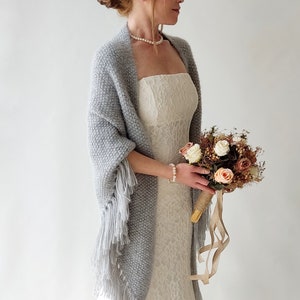 Gray winter wrap, Wedding shawl, bridal cover up, silver bridesmaid gift, fringed wool wrap, mohair evening stole, triangular shawl, warm image 5